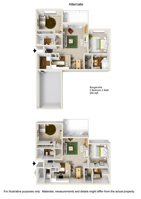 Floor plan for 2 beds, 2 baths, 990 sqft